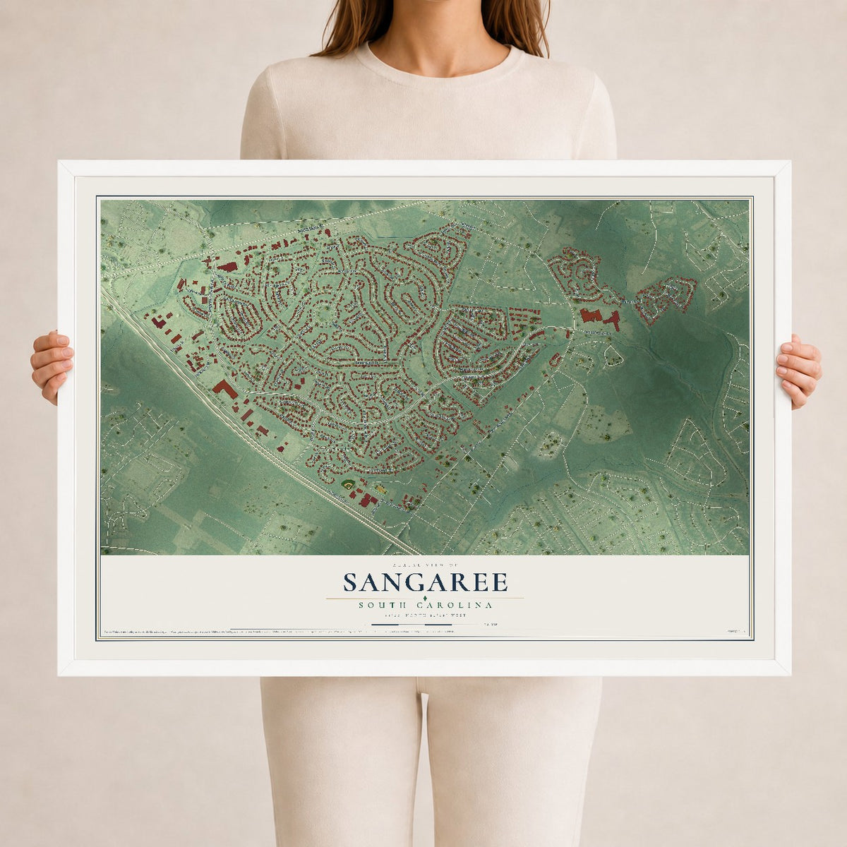 Map of Sangaree, South Carolina, 24 x 36 inch print in a white wood frame