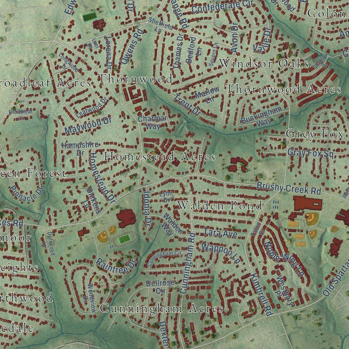 Close-up of the map of Taylors, South Carolina print showing street and building detail