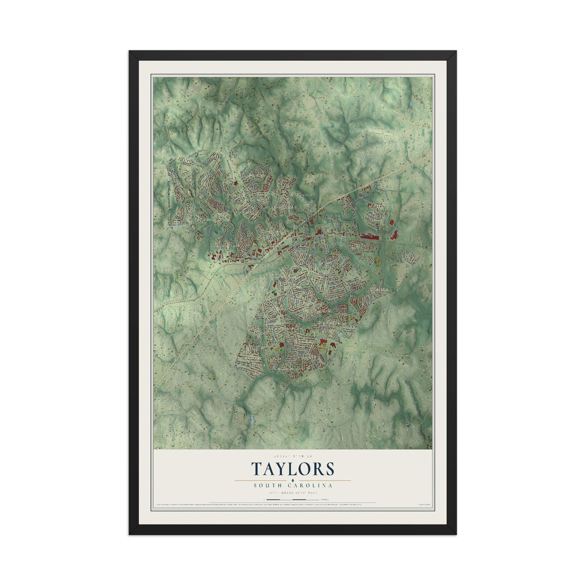 Map of Taylors, South Carolina, 12 x 18 inch print in a black wood frame