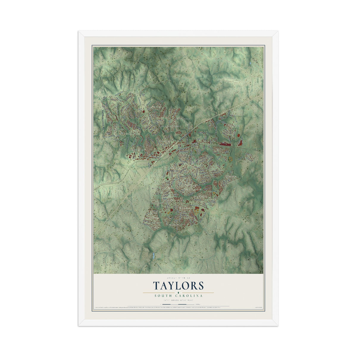 Map of Taylors, South Carolina, 12 x 18 inch print in a white wood frame