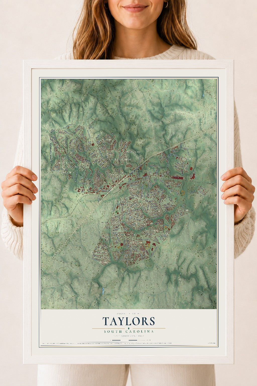 Map of Taylors, South Carolina, 18 x 24 inch print in a white wood frame
