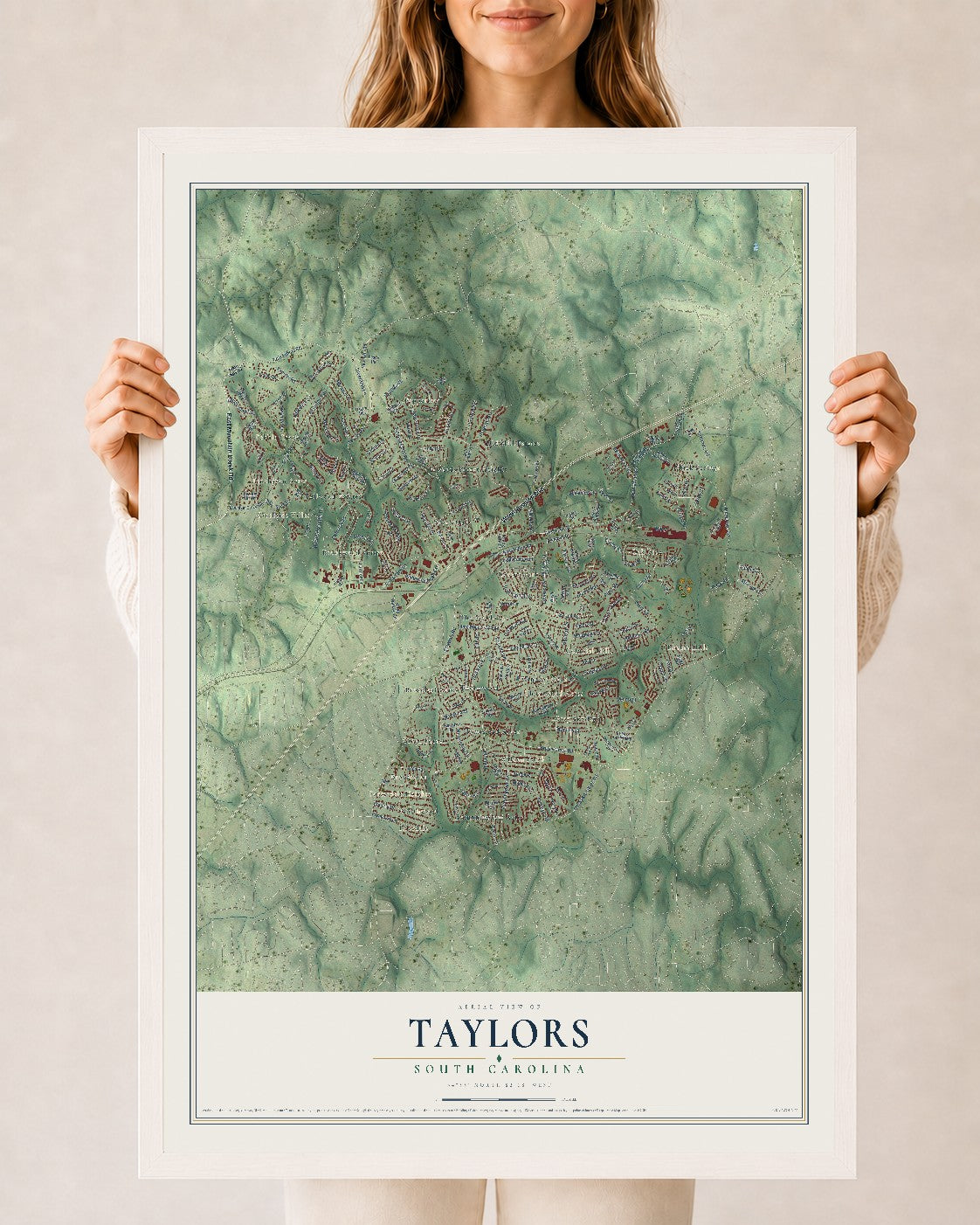Map of Taylors, South Carolina, 24 x 36 inch print in a white wood frame
