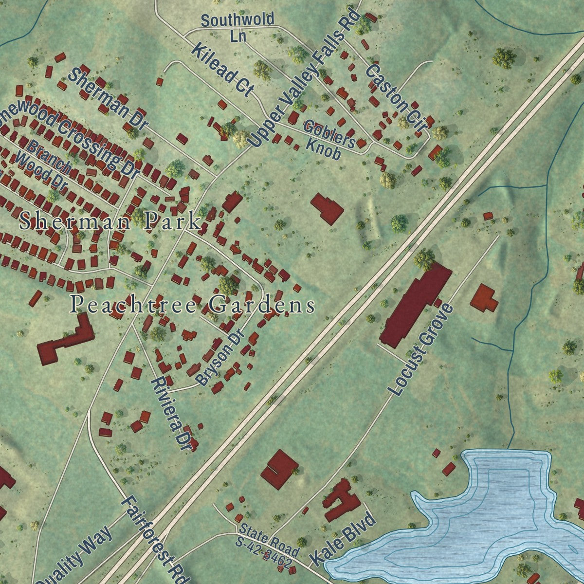 Second close-up of the map of Valley Falls, South Carolina print showing more streets and buildings