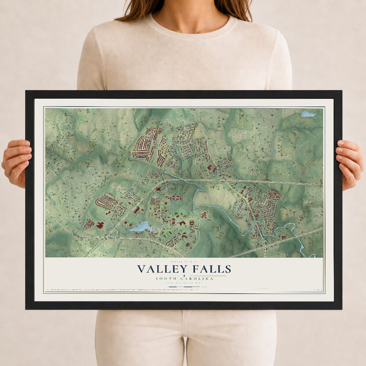 Map of Valley Falls, South Carolina, 12 x 18 inch print in a black wood frame