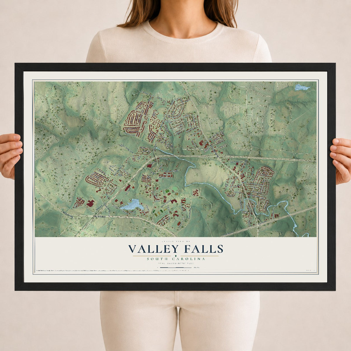 Map of Valley Falls, South Carolina, 18 x 24 inch print in a black wood frame