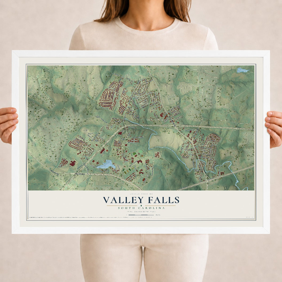 Map of Valley Falls, South Carolina, 18 x 24 inch print in a white wood frame