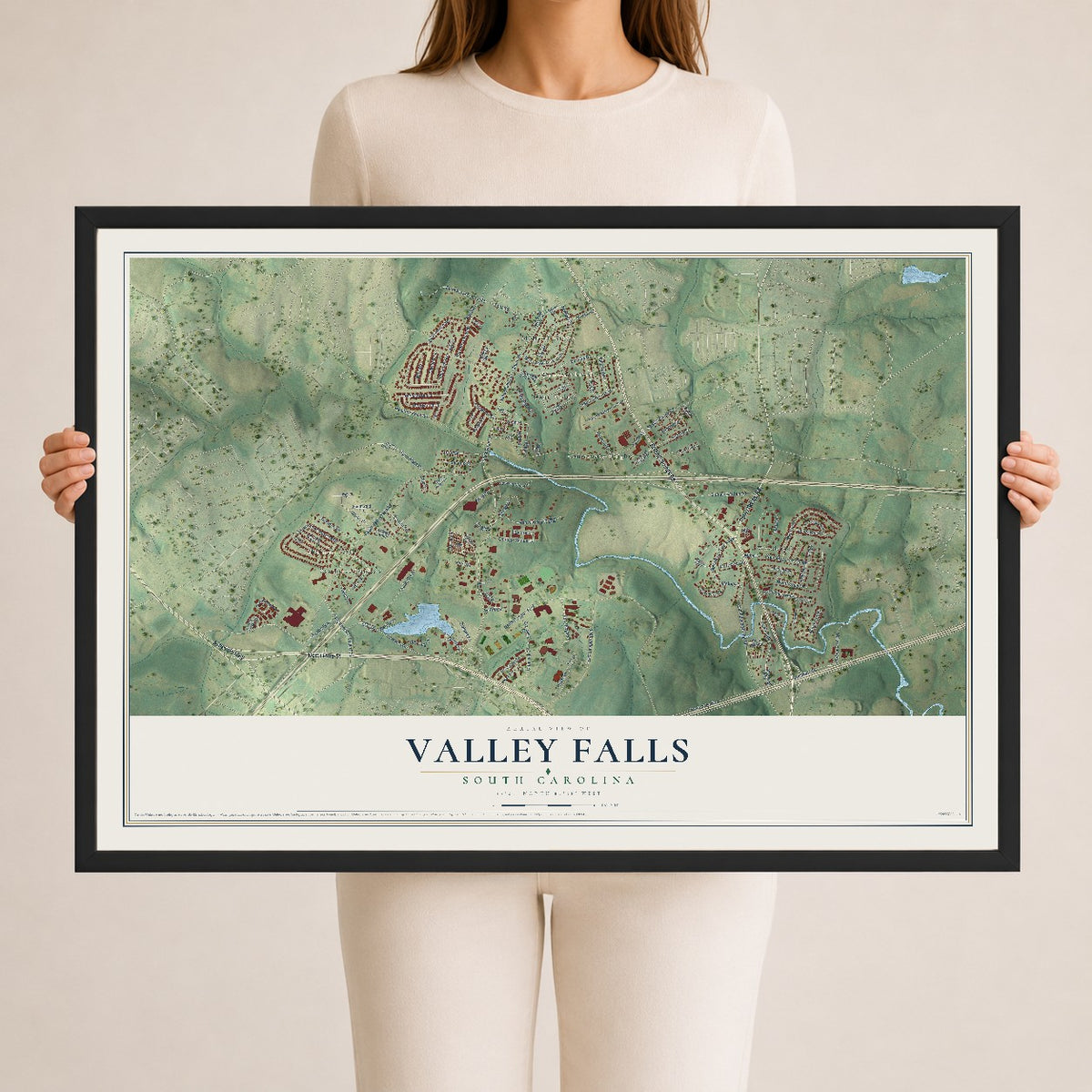 Map of Valley Falls, South Carolina, 24 x 36 inch print in a black wood frame