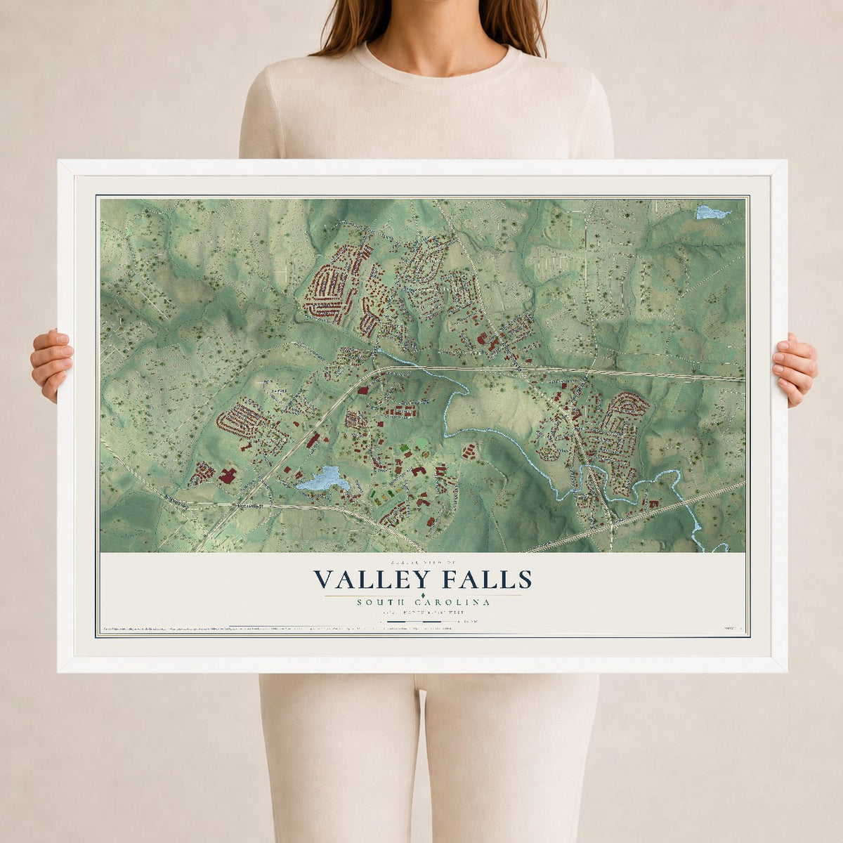 Map of Valley Falls, South Carolina, 24 x 36 inch print in a white wood frame