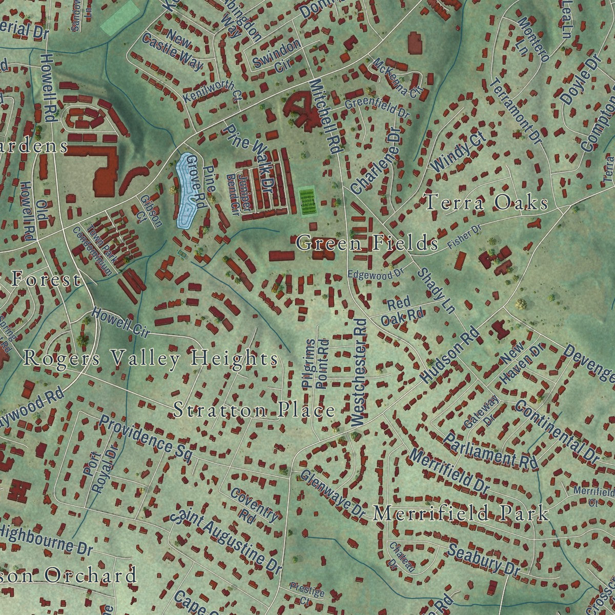Second close-up of the map of Wade Hampton, South Carolina print showing more streets and buildings