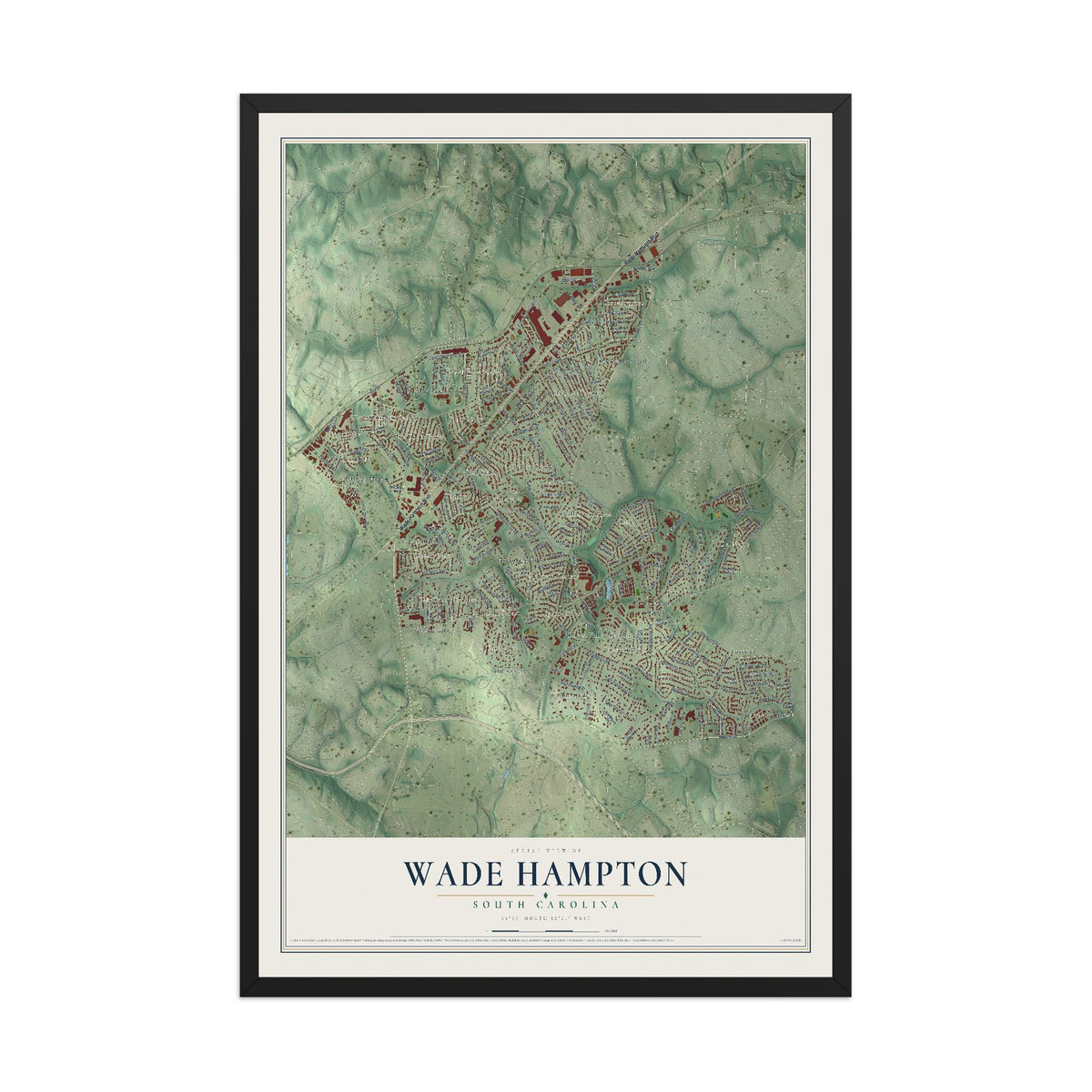 Map of Wade Hampton, South Carolina, 12 x 18 inch print in a black wood frame
