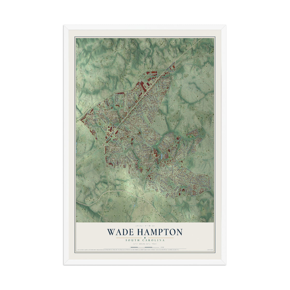 Map of Wade Hampton, South Carolina, 12 x 18 inch print in a white wood frame