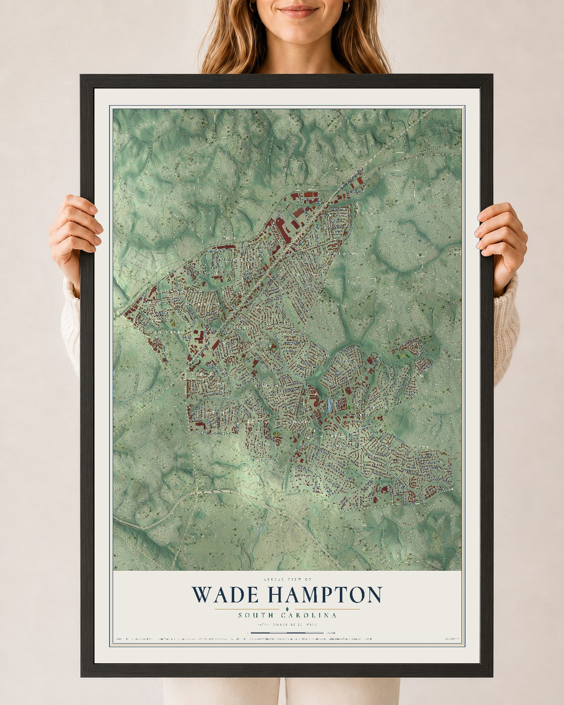 Map of Wade Hampton, South Carolina, 24 x 36 inch print in a black wood frame