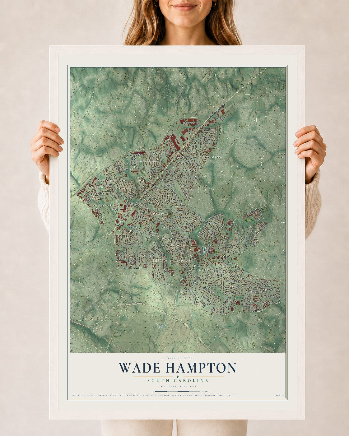 Map of Wade Hampton, South Carolina, 24 x 36 inch print in a white wood frame