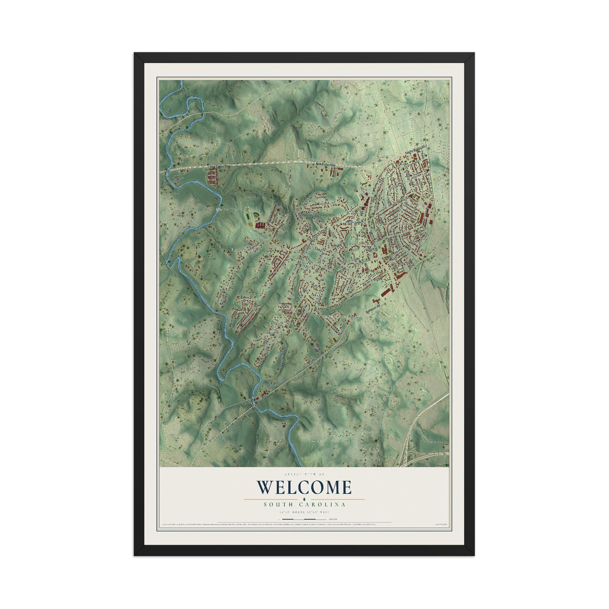 Map of Welcome, South Carolina, 12 x 18 inch print in a black wood frame