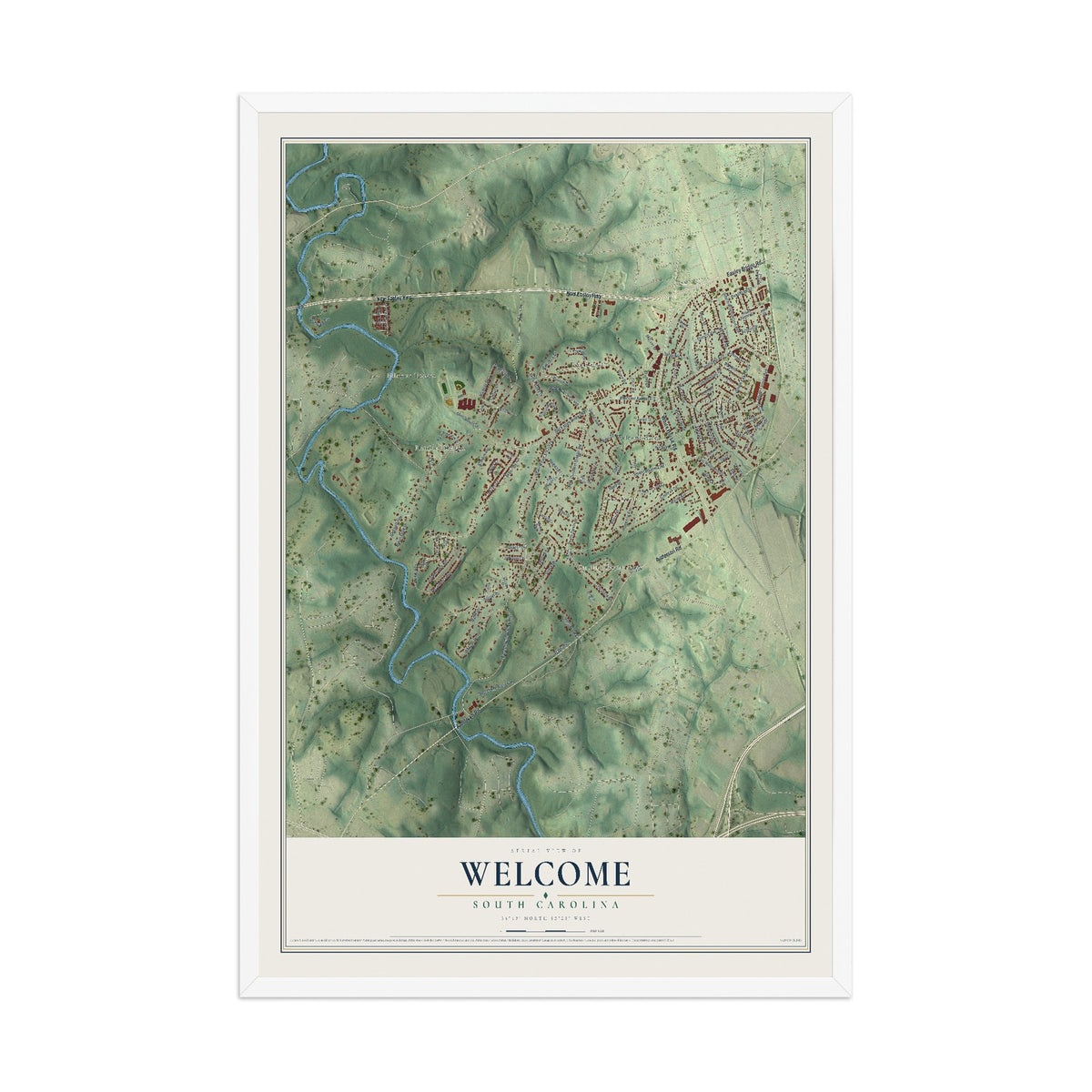 Map of Welcome, South Carolina, 12 x 18 inch print in a white wood frame