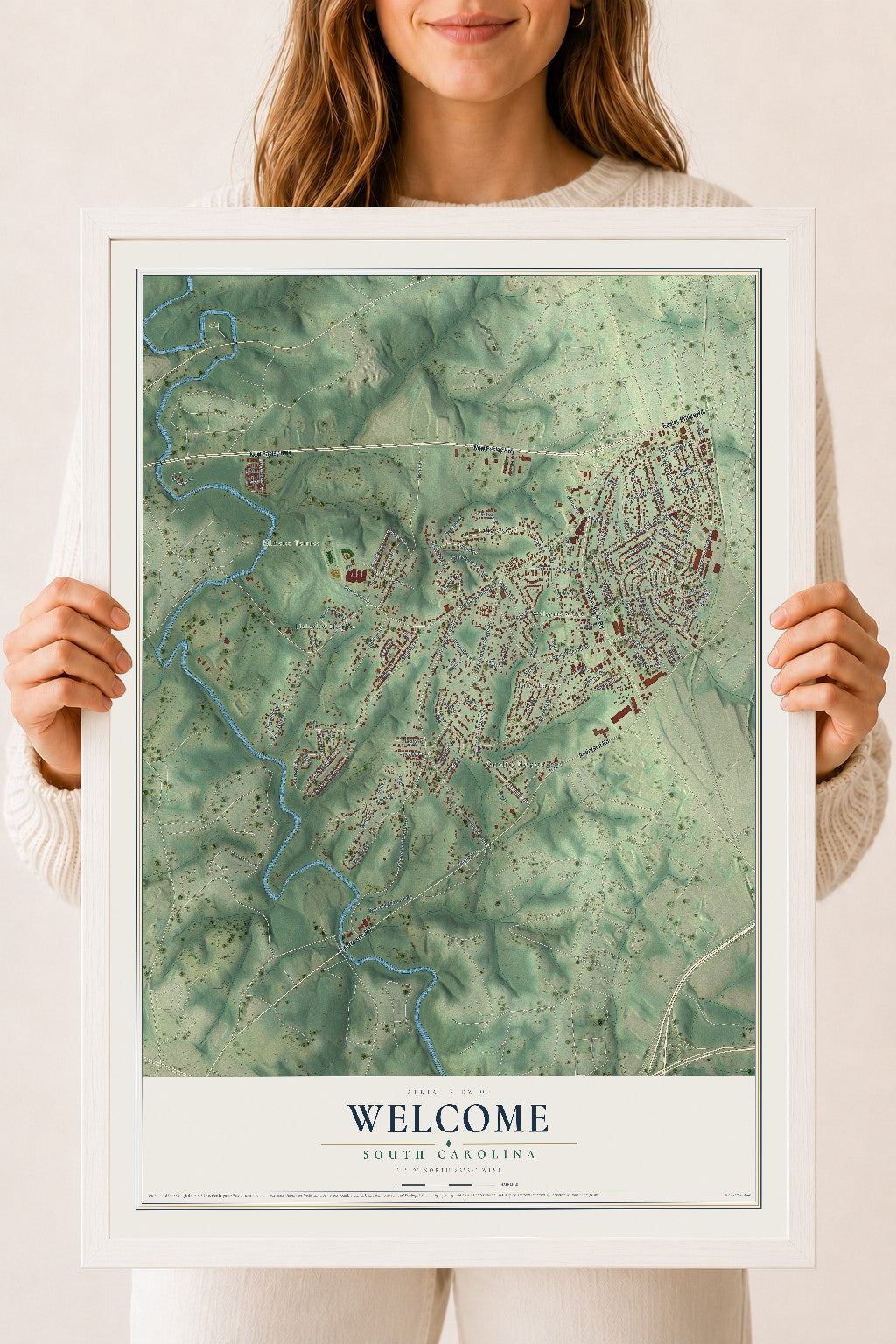 Map of Welcome, South Carolina, 18 x 24 inch print in a white wood frame