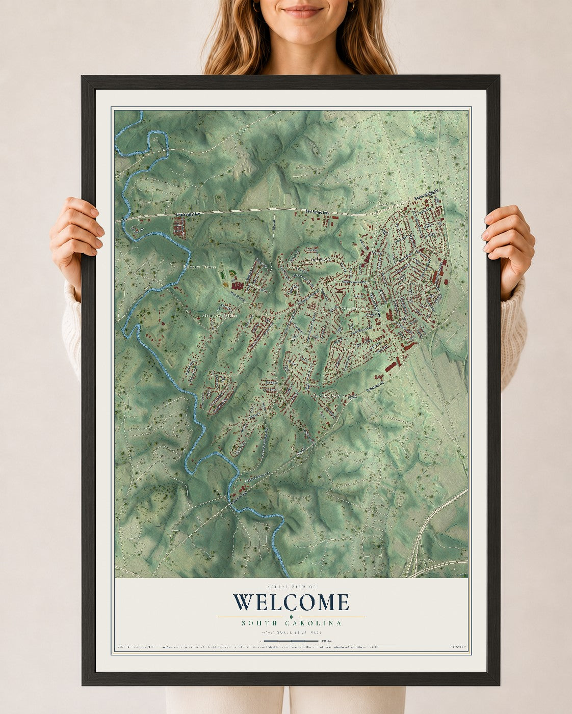 Map of Welcome, South Carolina, 24 x 36 inch print in a black wood frame