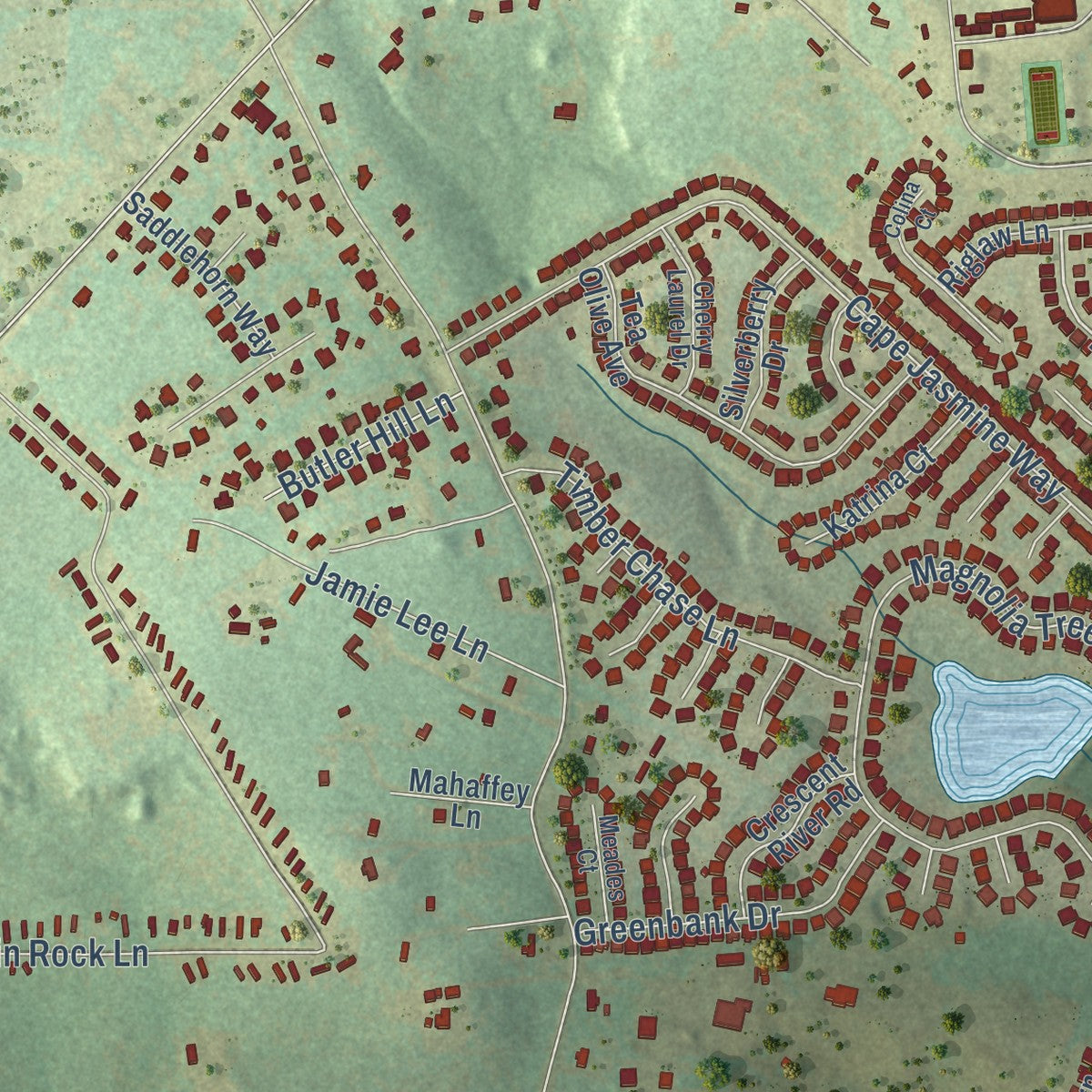 Second close-up of the map of White Knoll, South Carolina print showing more streets and buildings