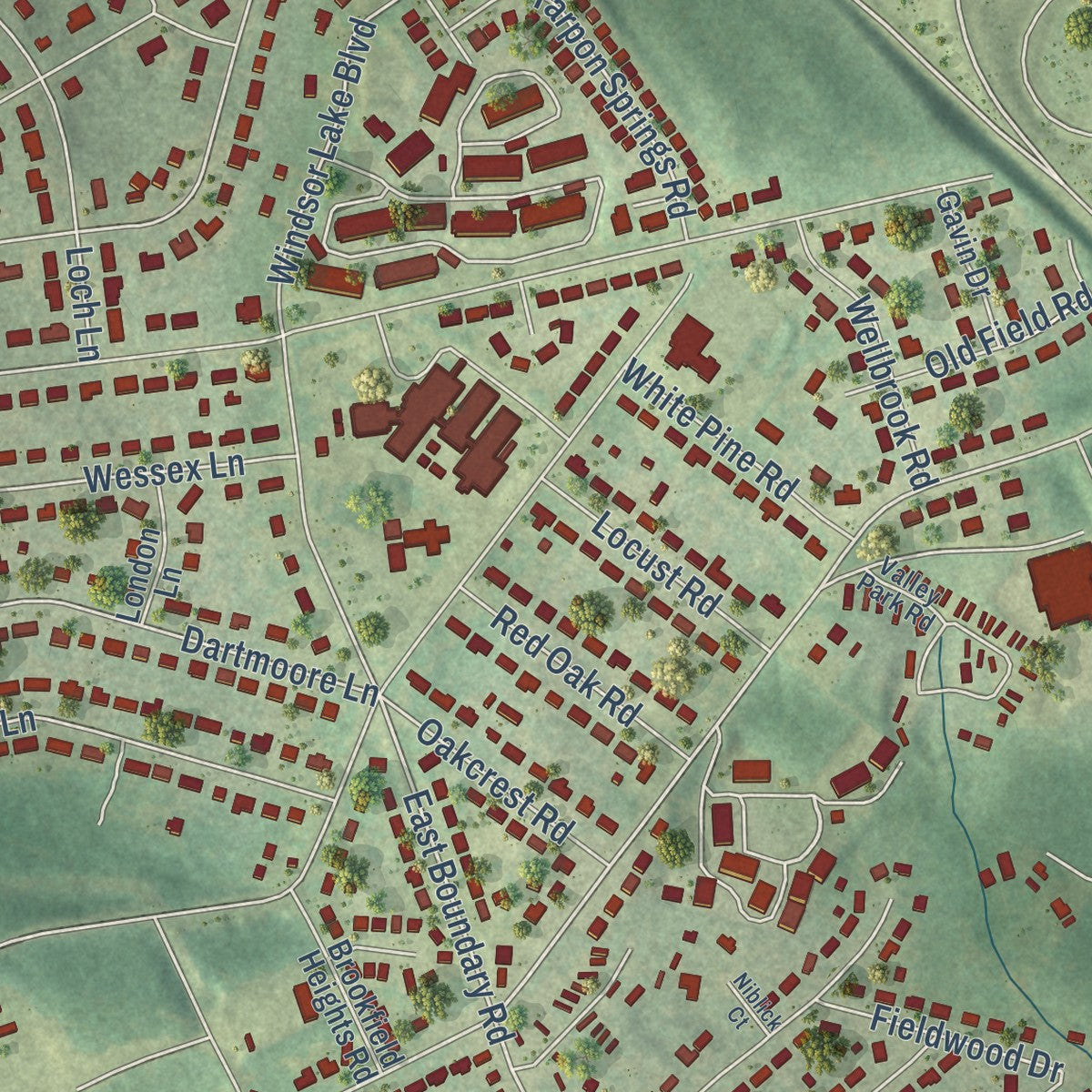Close-up of the map of Woodfield, South Carolina print showing street and building detail