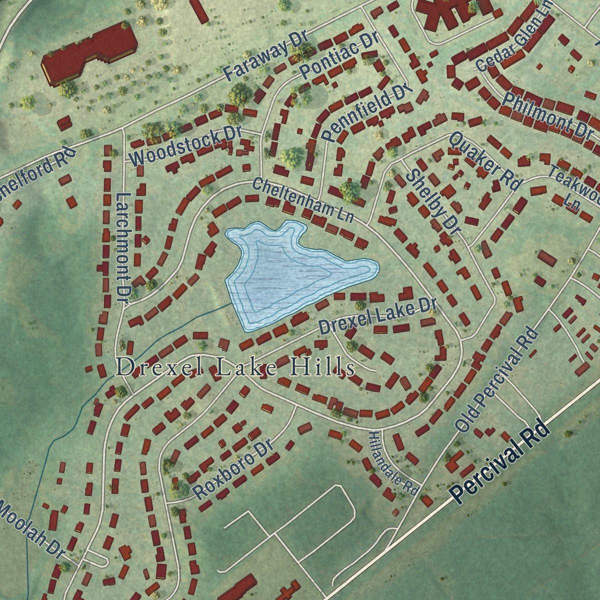 Second close-up of the map of Woodfield, South Carolina print showing more streets and buildings