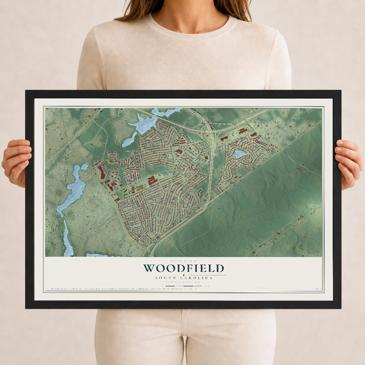Map of Woodfield, South Carolina, 12 x 18 inch print in a black wood frame