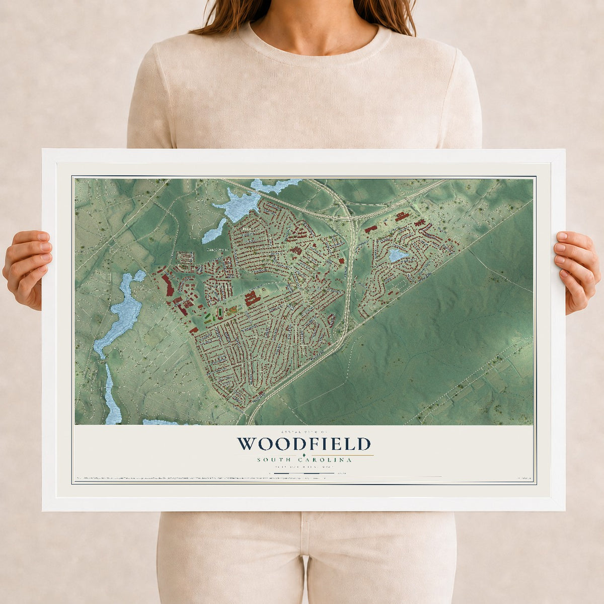 Map of Woodfield, South Carolina, 12 x 18 inch print in a white wood frame