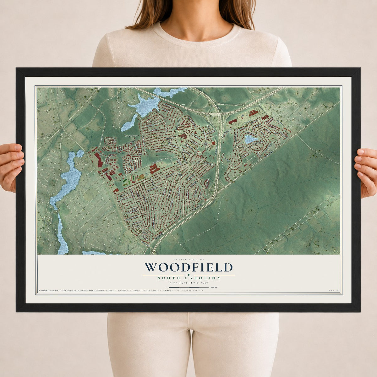Map of Woodfield, South Carolina, 18 x 24 inch print in a black wood frame