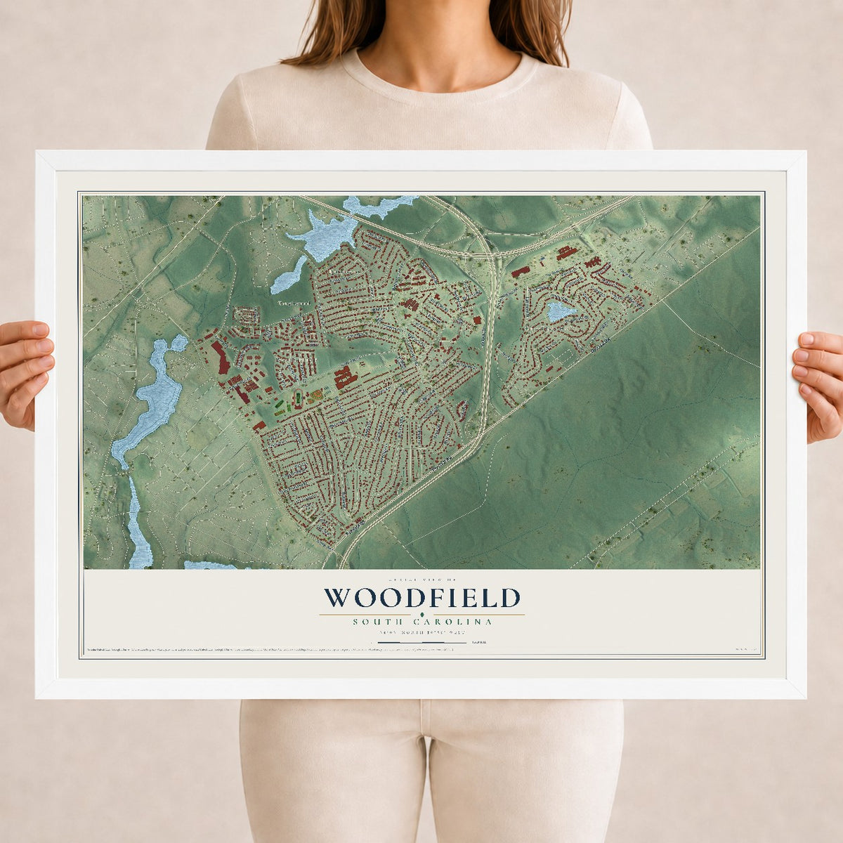 Map of Woodfield, South Carolina, 18 x 24 inch print in a white wood frame