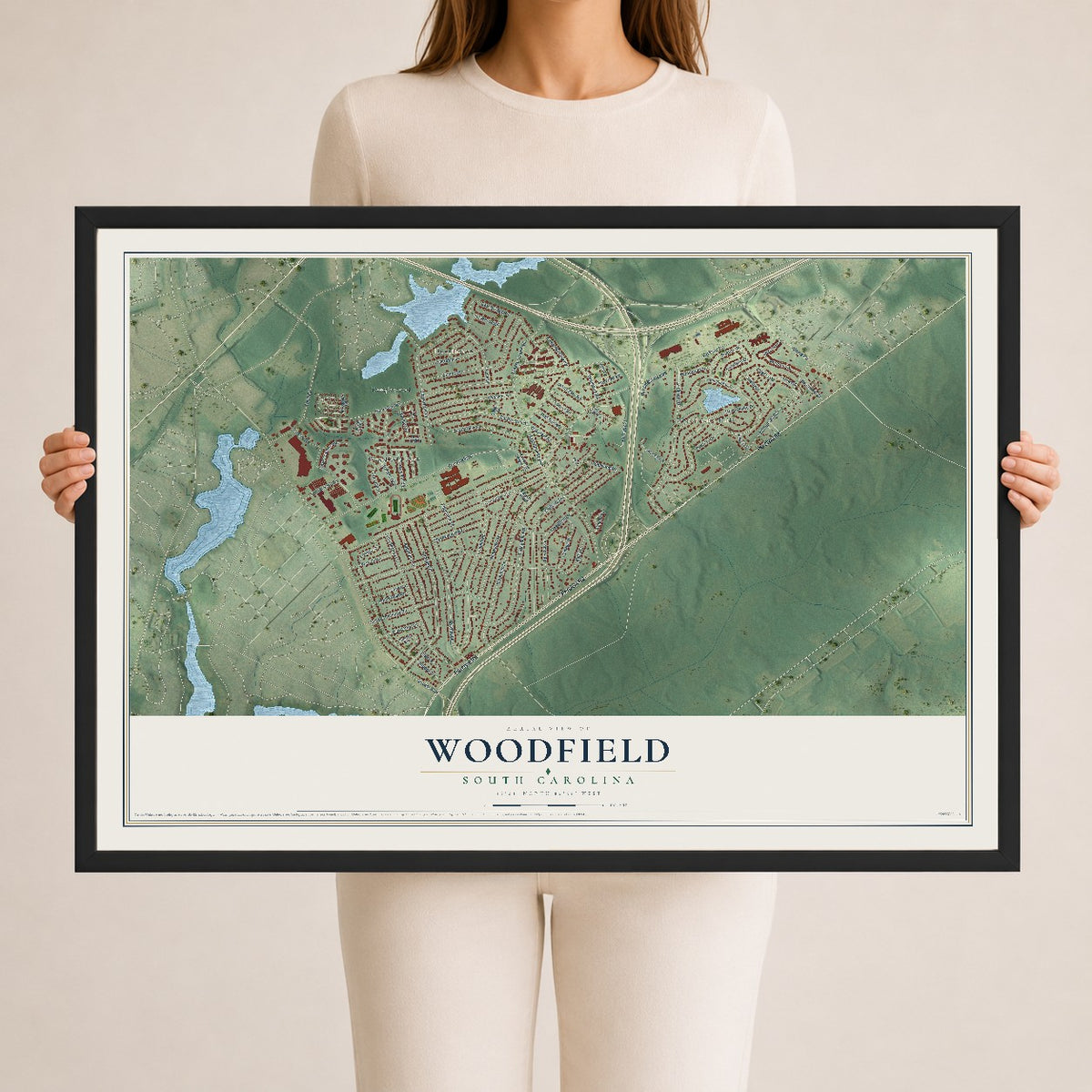 Map of Woodfield, South Carolina, 24 x 36 inch print in a black wood frame