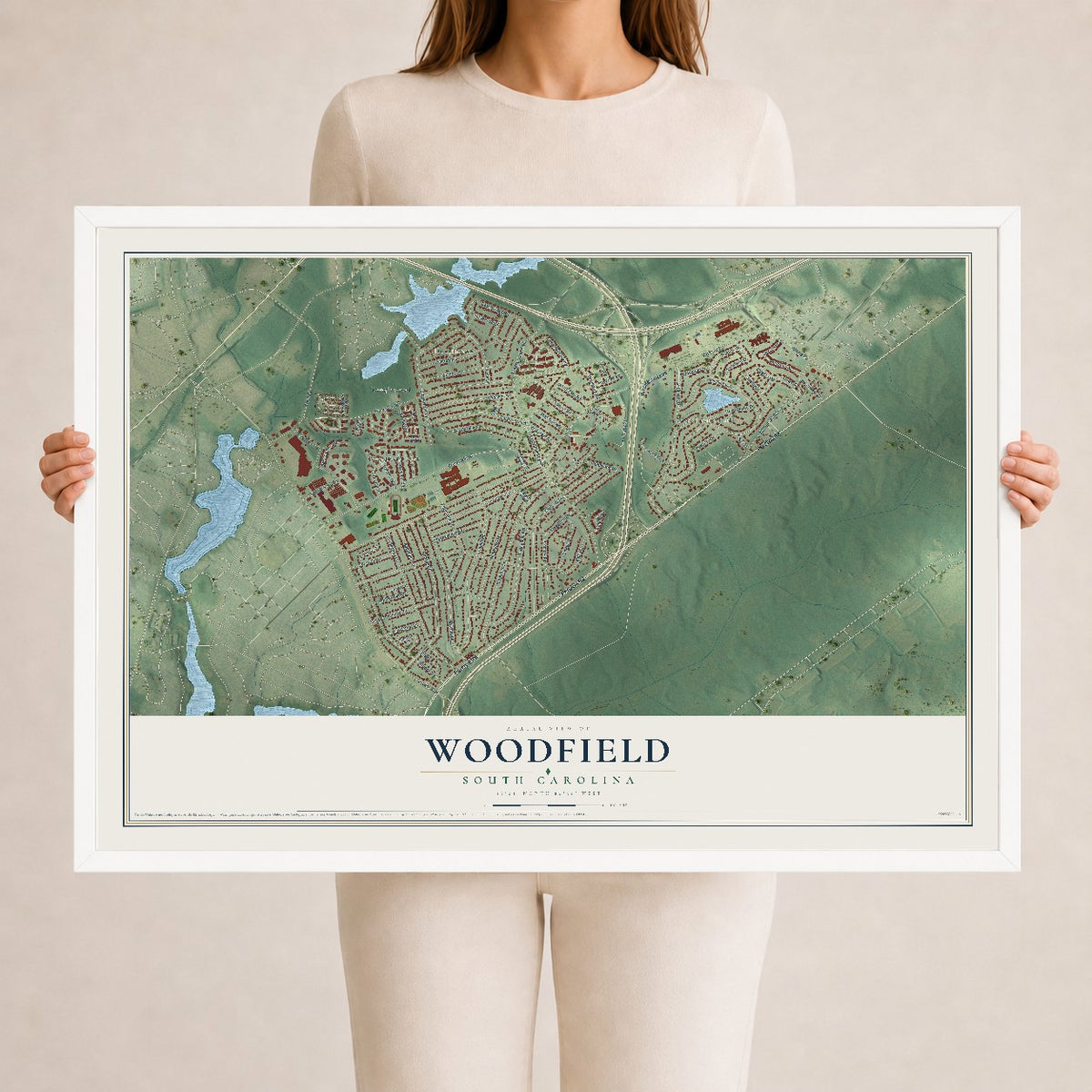 Map of Woodfield, South Carolina, 24 x 36 inch print in a white wood frame
