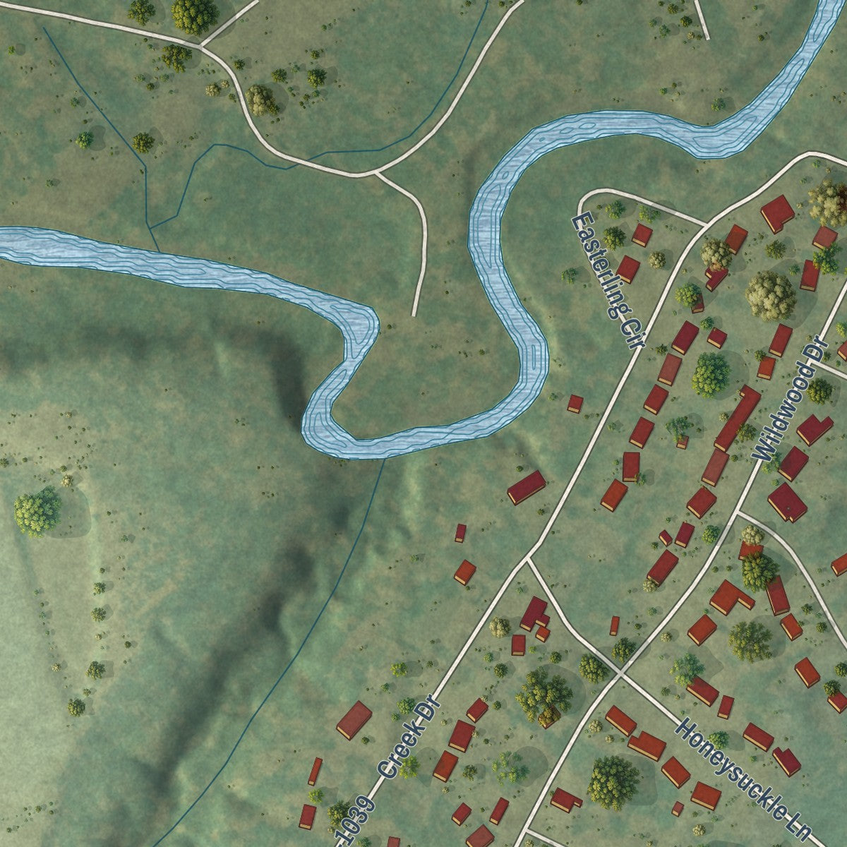 Close-up of the map of Quinby, South Carolina print showing street and building detail