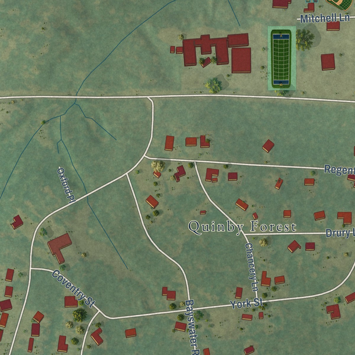 Second close-up of the map of Quinby, South Carolina print showing more streets and buildings