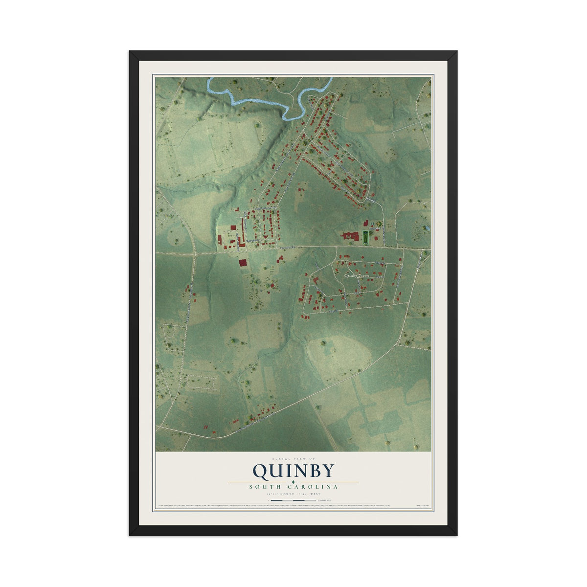 Map of Quinby, South Carolina, 12 x 18 inch print in a black wood frame