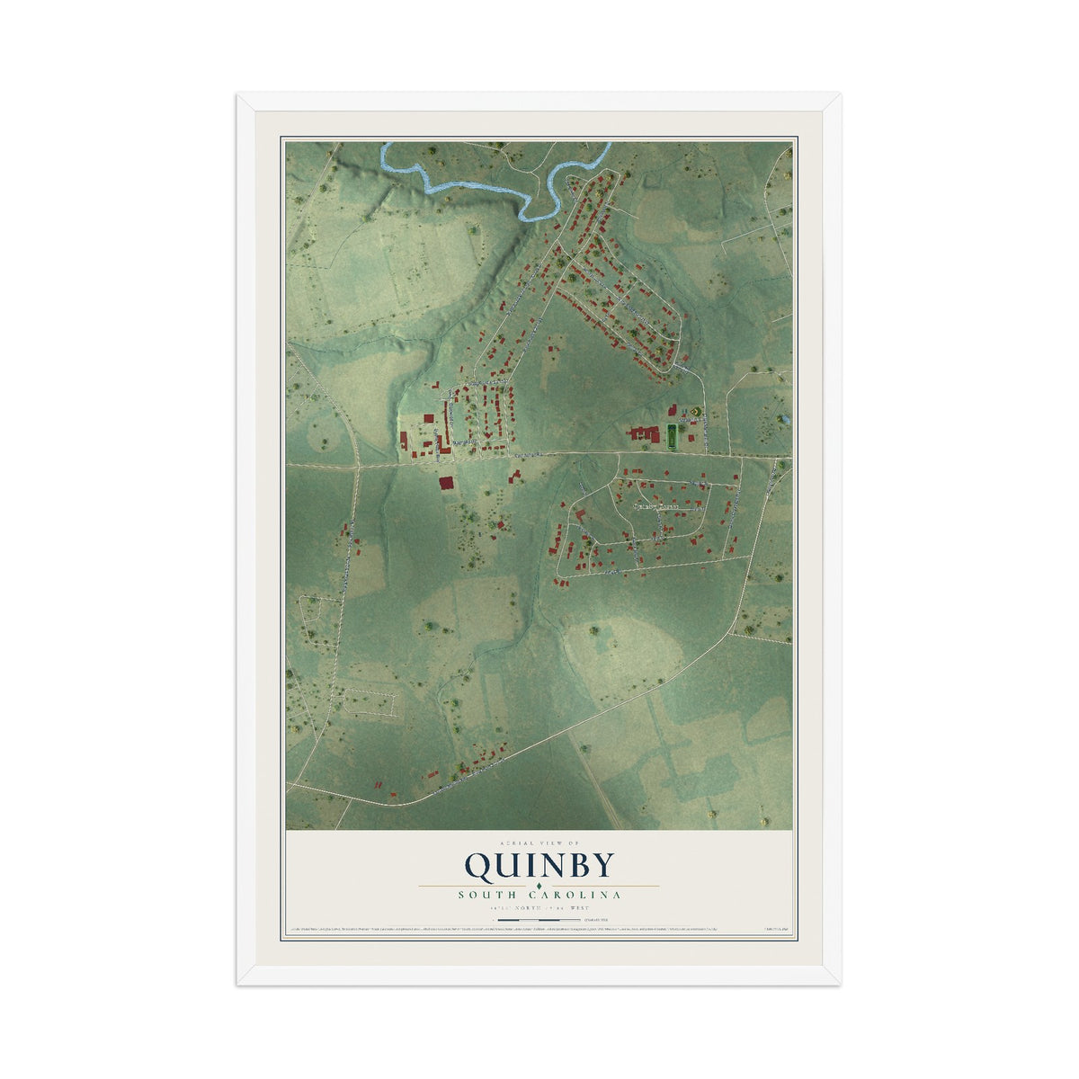 Map of Quinby, South Carolina, 12 x 18 inch print in a white wood frame