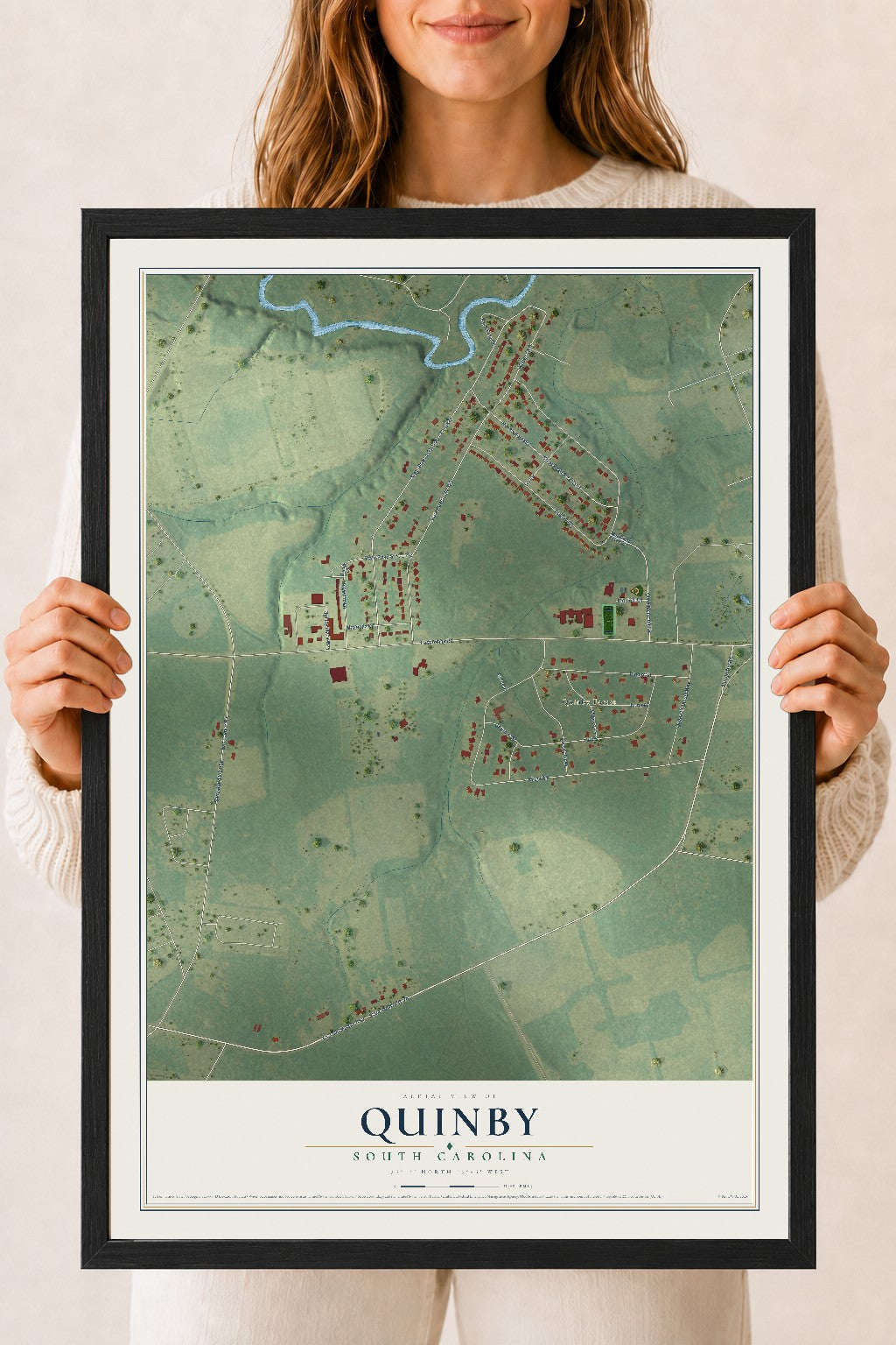 Map of Quinby, South Carolina, 18 x 24 inch print in a black wood frame