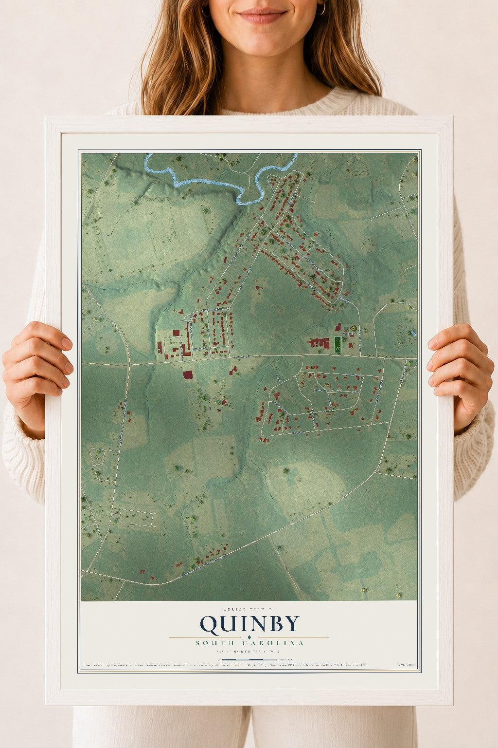 Map of Quinby, South Carolina, 18 x 24 inch print in a white wood frame