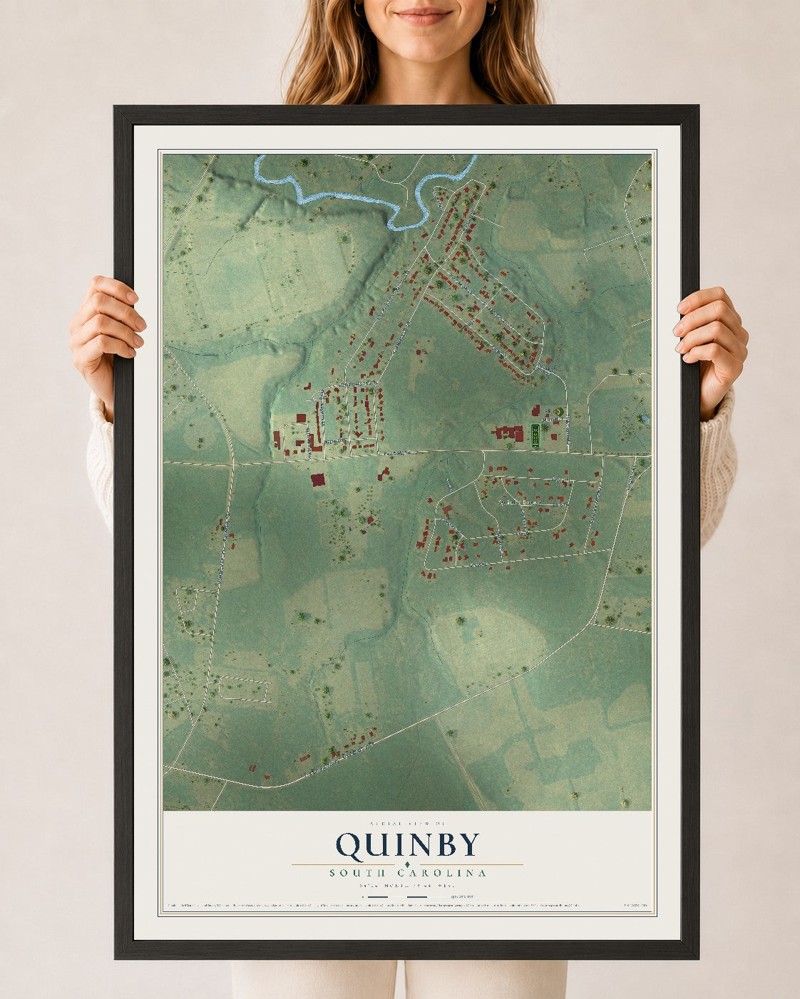 Map of Quinby, South Carolina, 24 x 36 inch print in a black wood frame