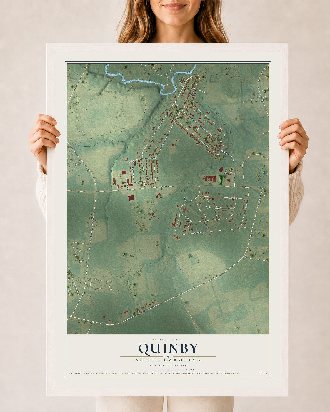 Map of Quinby, South Carolina, 24 x 36 inch print in a white wood frame