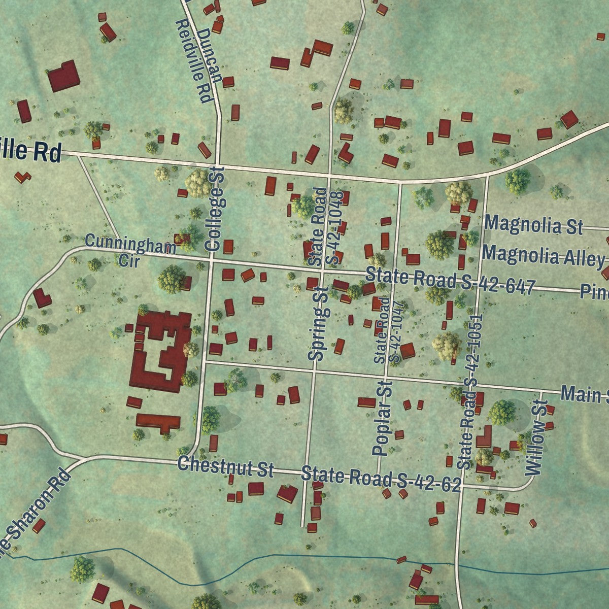 Second close-up of the map of Reidville, South Carolina print showing more streets and buildings