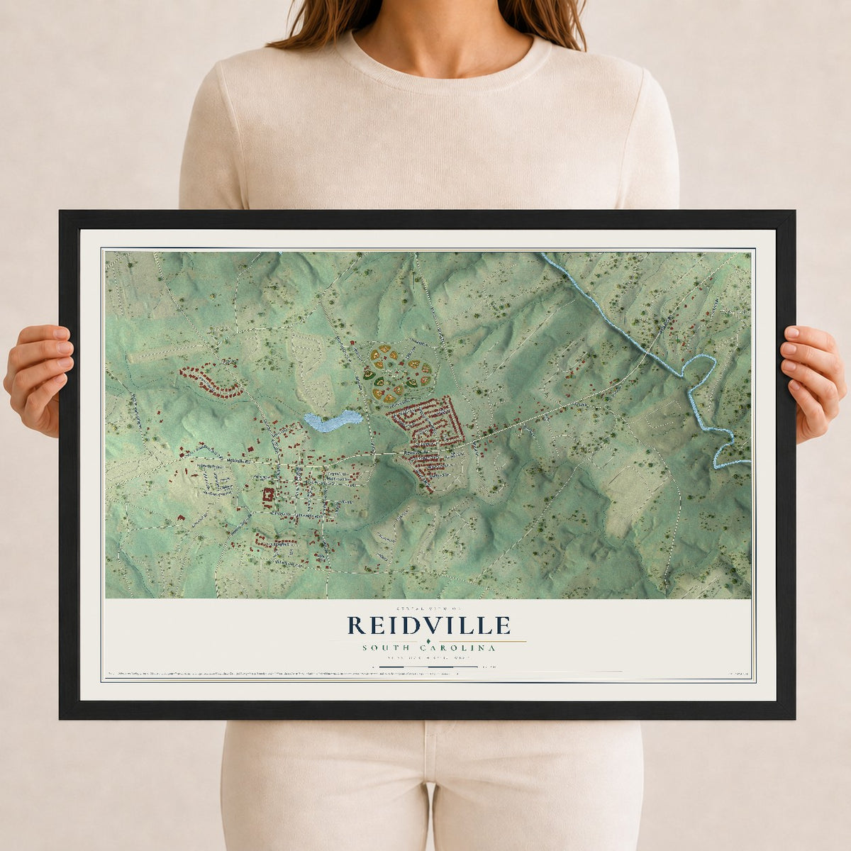 Map of Reidville, South Carolina, 12 x 18 inch print in a black wood frame