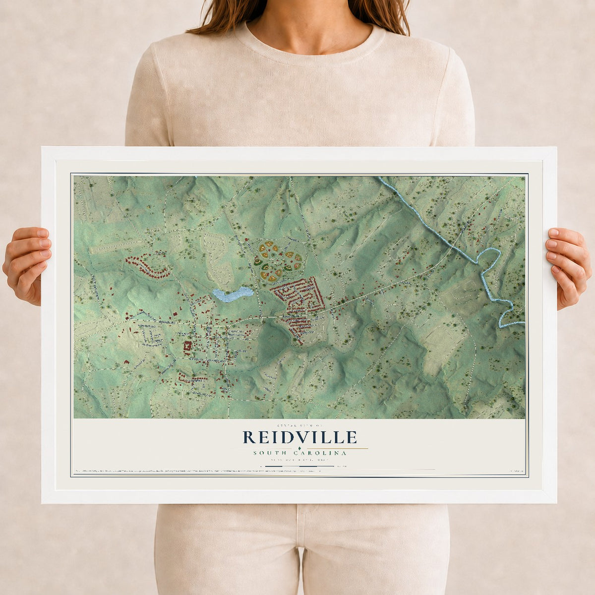 Map of Reidville, South Carolina, 12 x 18 inch print in a white wood frame