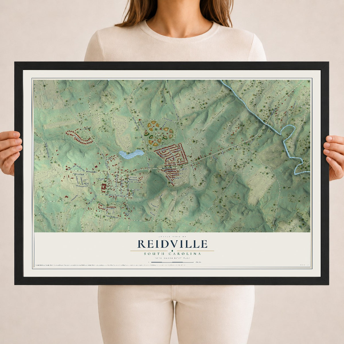 Map of Reidville, South Carolina, 18 x 24 inch print in a black wood frame
