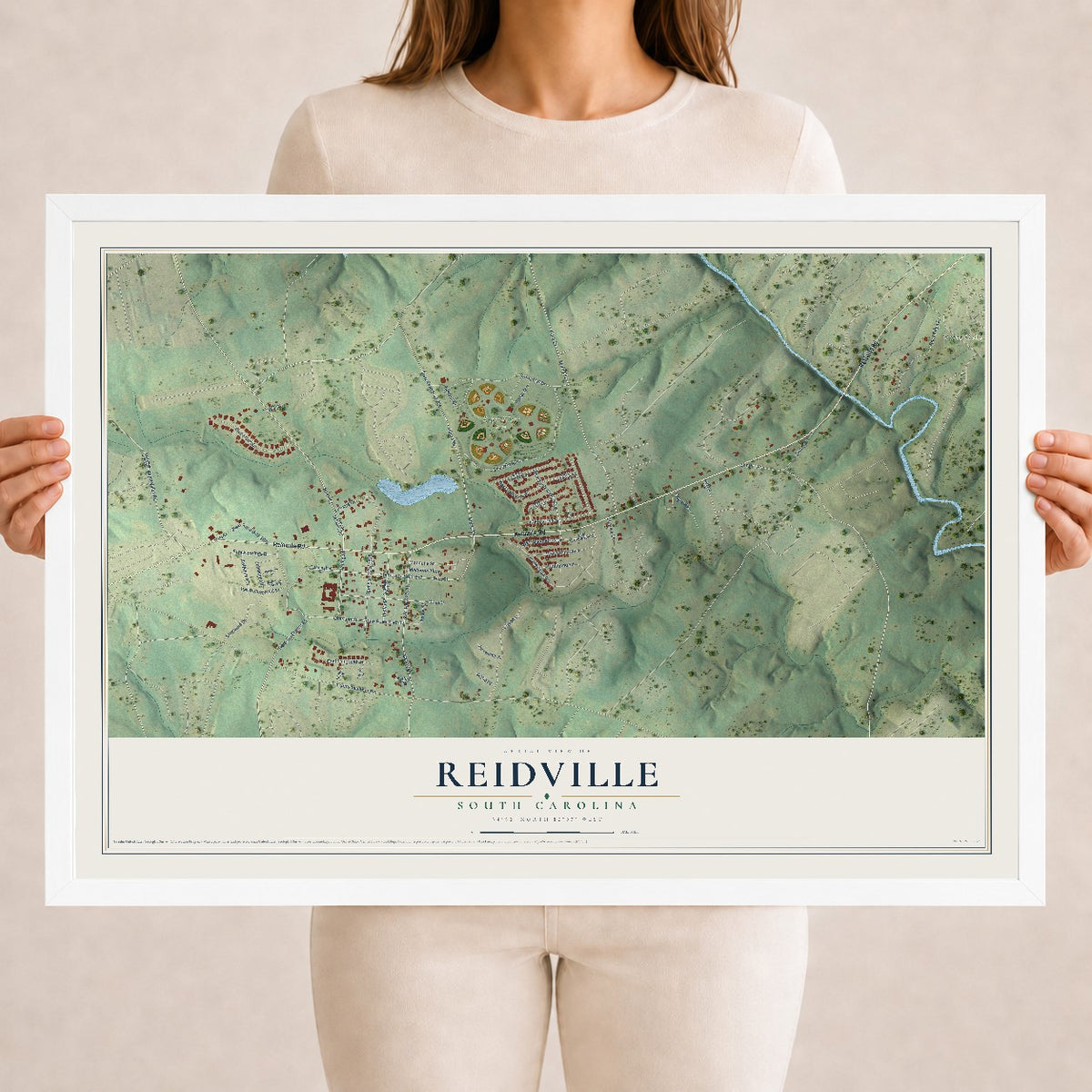Map of Reidville, South Carolina, 18 x 24 inch print in a white wood frame
