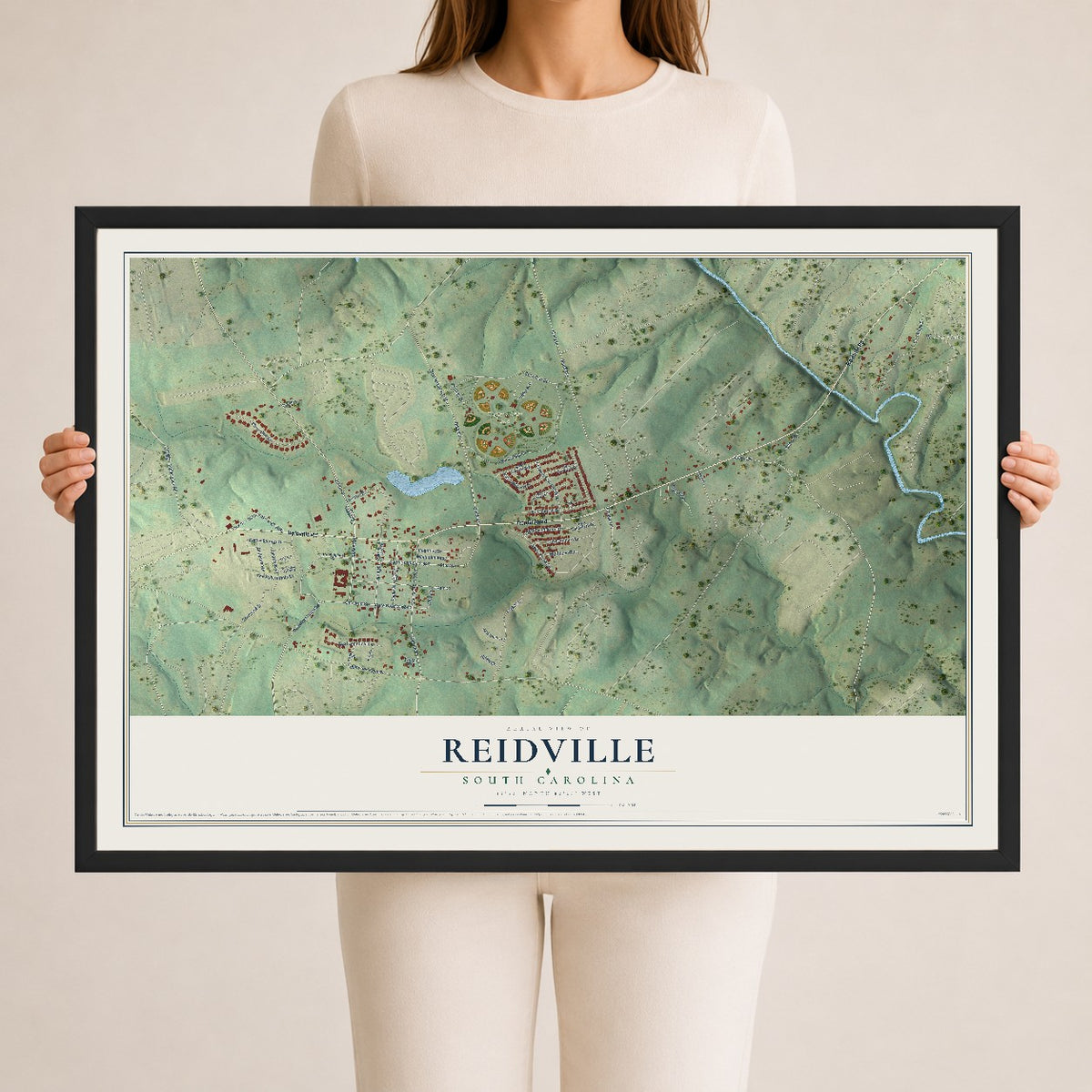 Map of Reidville, South Carolina, 24 x 36 inch print in a black wood frame