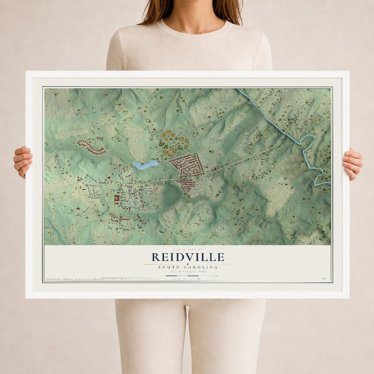 Map of Reidville, South Carolina, 24 x 36 inch print in a white wood frame