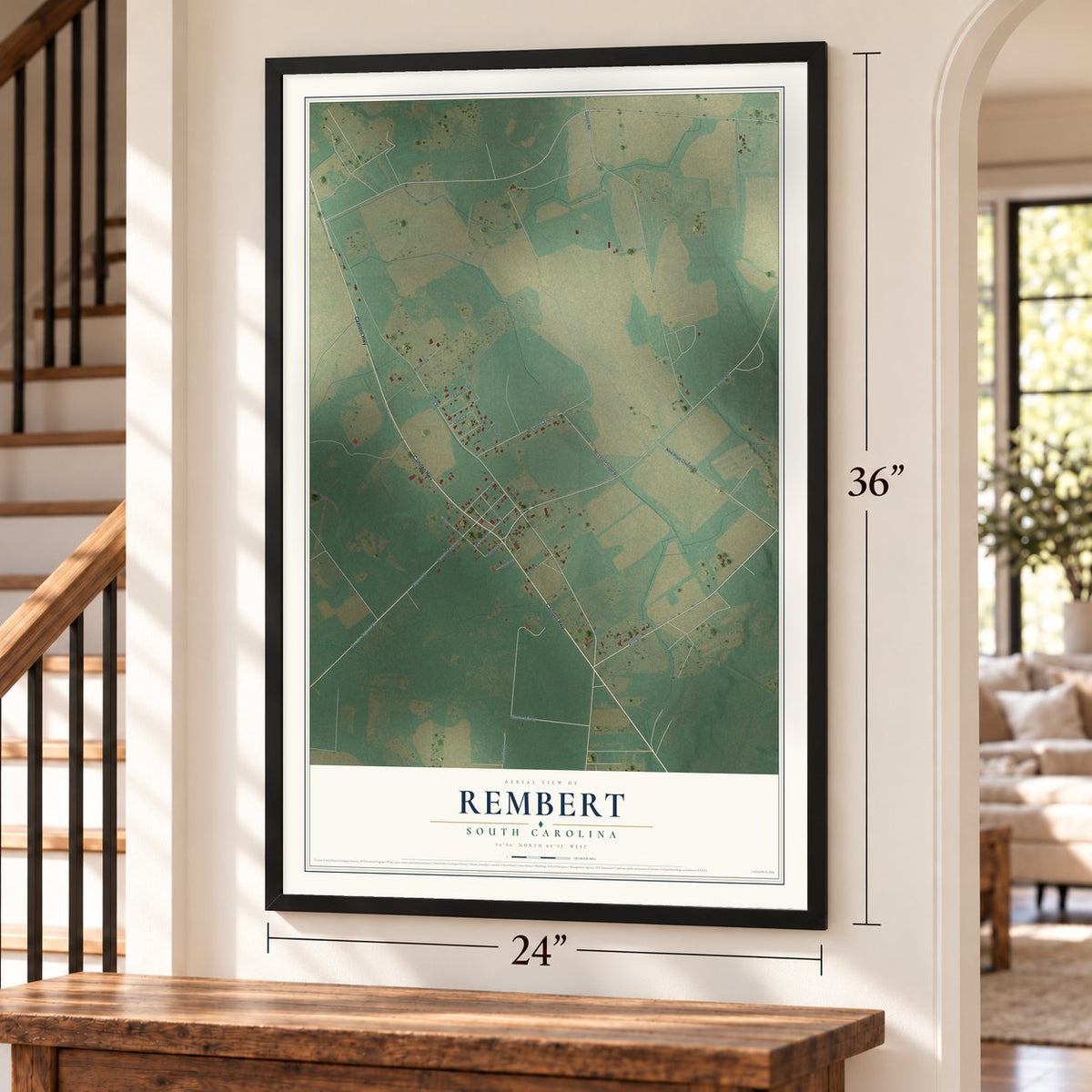 Rembert, South Carolina map, 24 x 36 inch print in a black frame by a staircase