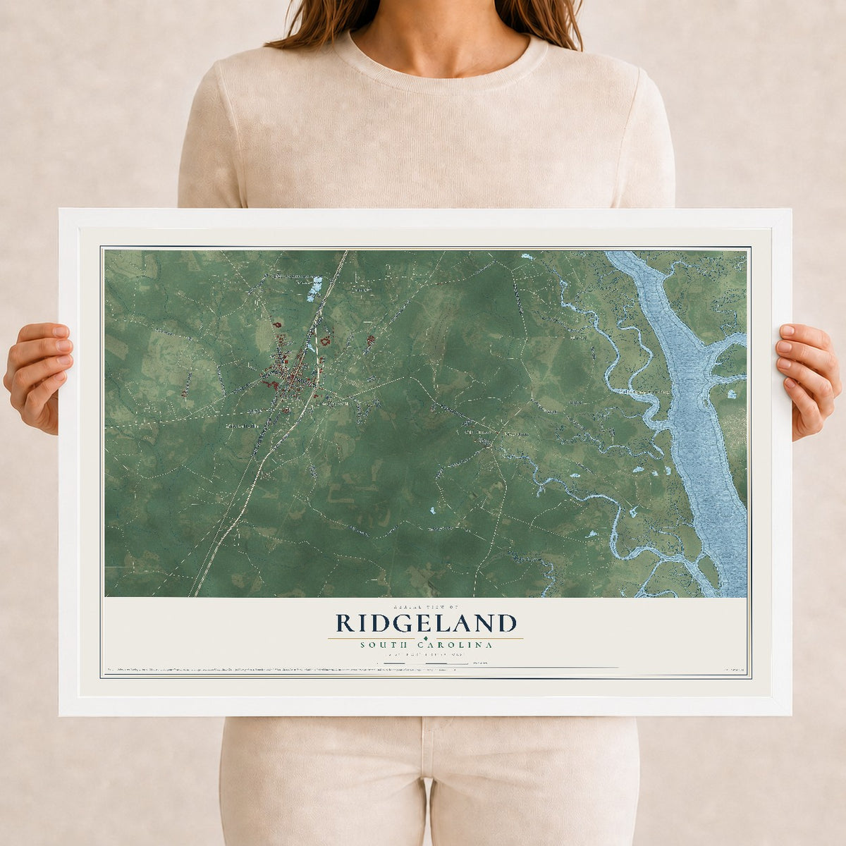 Map of Ridgeland, South Carolina, 12 x 18 inch print in a white wood frame