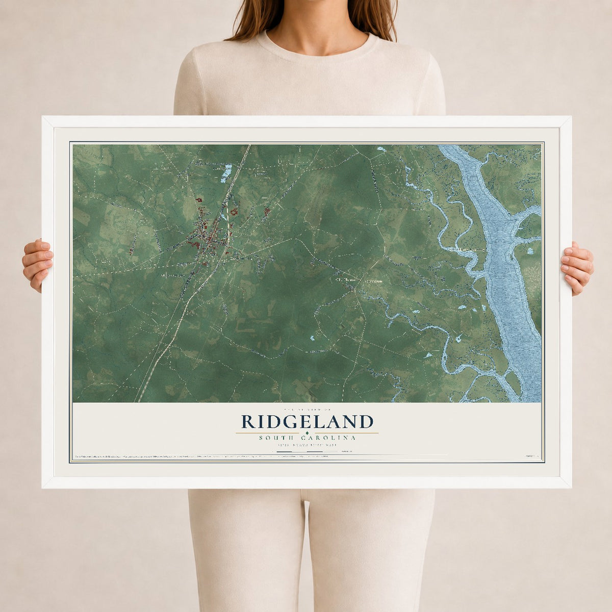 Map of Ridgeland, South Carolina, 24 x 36 inch print in a white wood frame