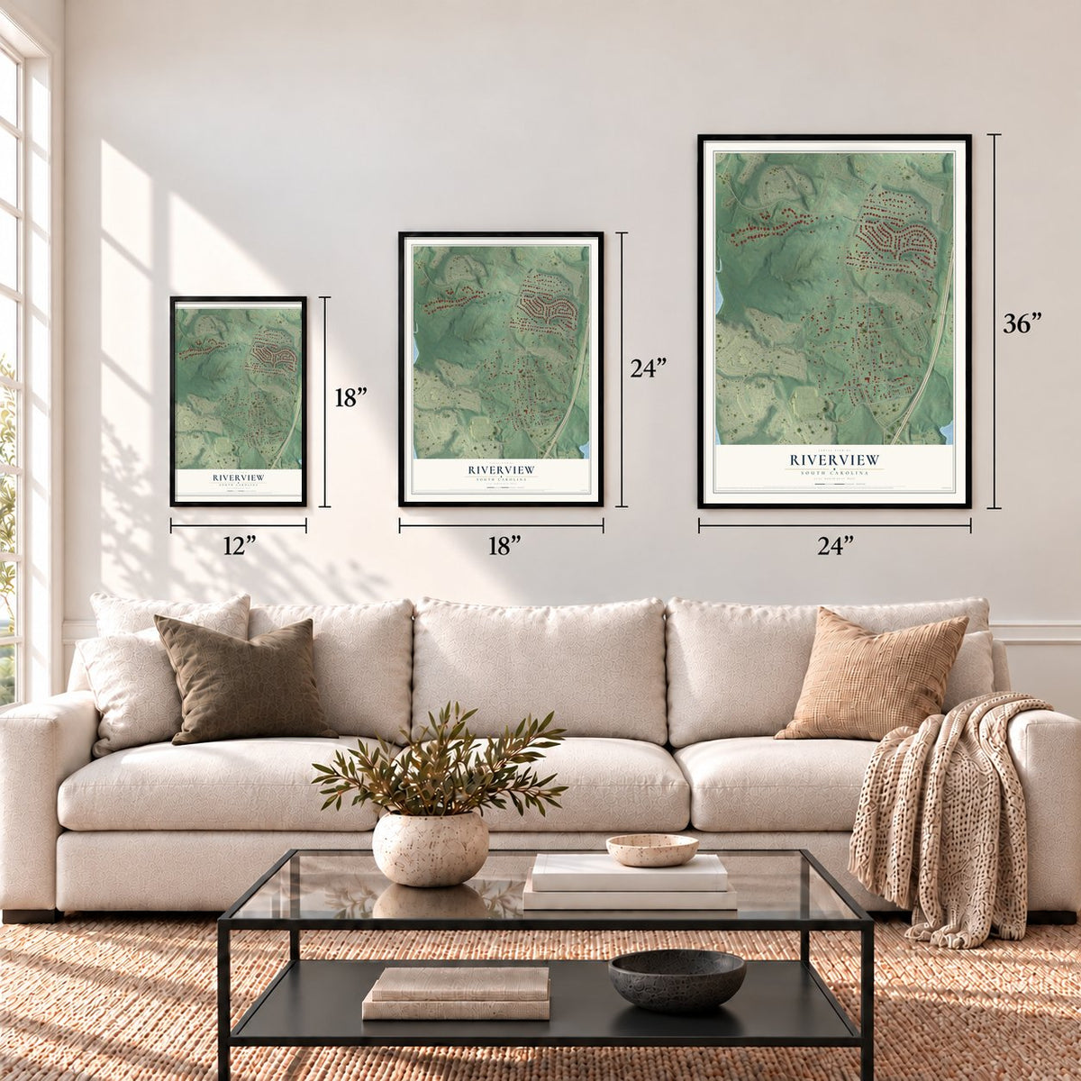 Riverview, South Carolina map in 12 x 18, 18 x 24 and 24 x 36 inch sizes above a sofa