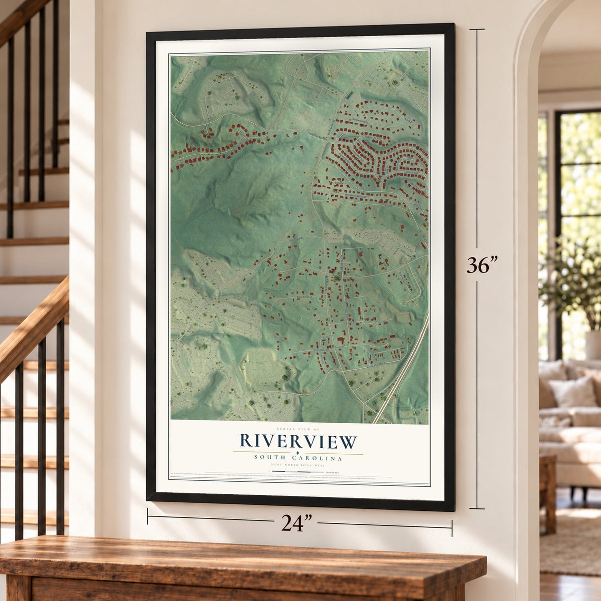 Riverview, South Carolina map, 24 x 36 inch print in a black frame by a staircase